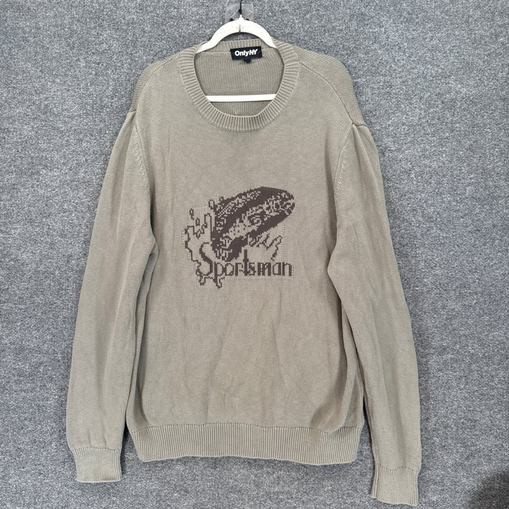 Only NY Sweater Mens XL Gray Trout Graphic Cotton Knit Fishing Outdoor Sportsman